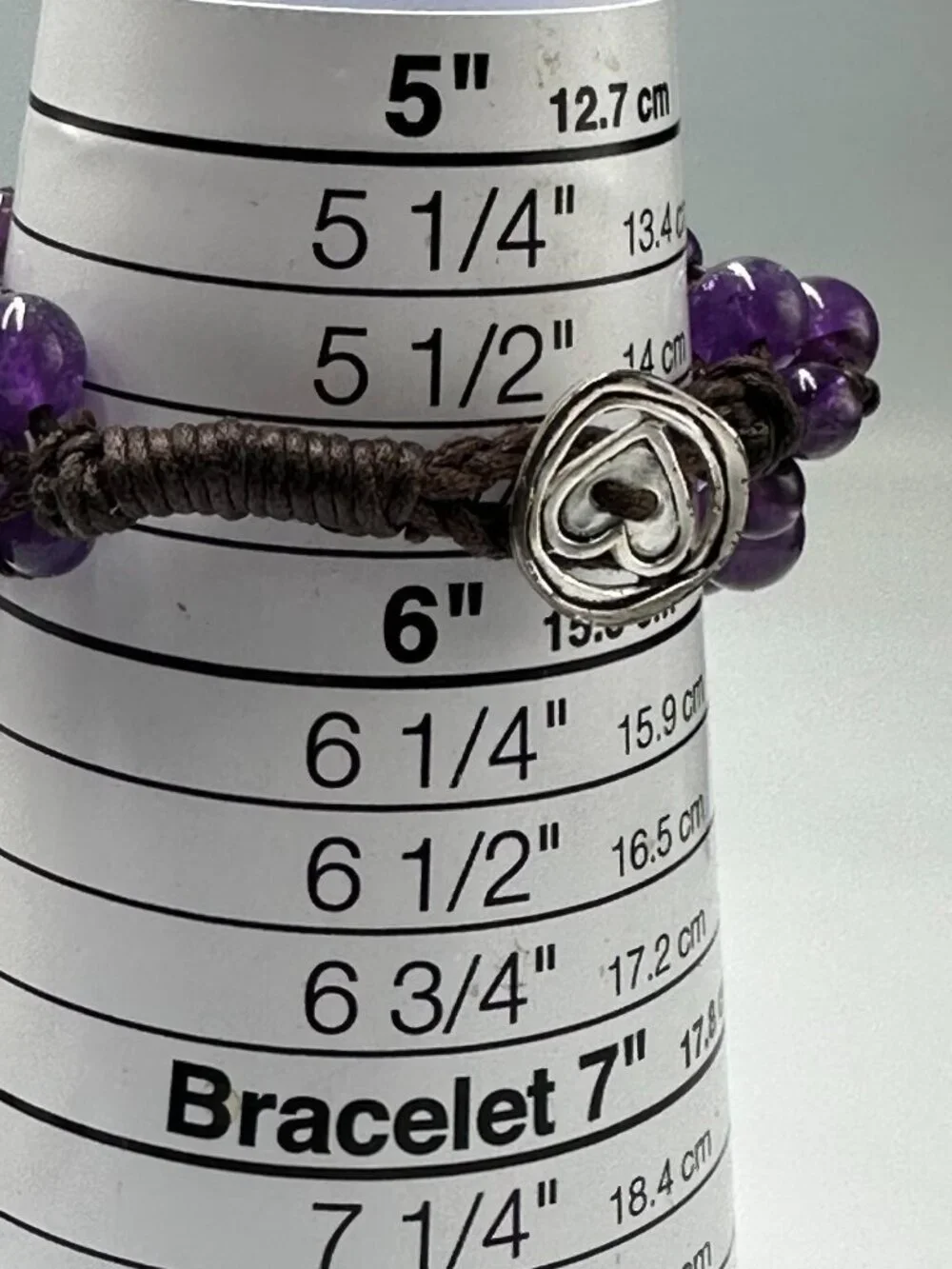 Amethyst Beaded Bracelet Sterling Silver Heart Clasp Brown Cord Bohemian 6
